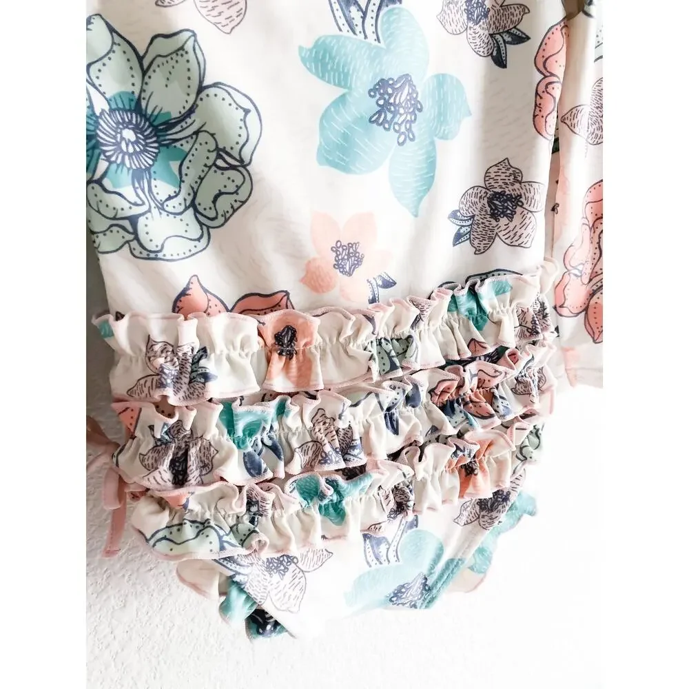 Floral Print Frilly Ruffled Bottom Rashguard Swimsuit 2T